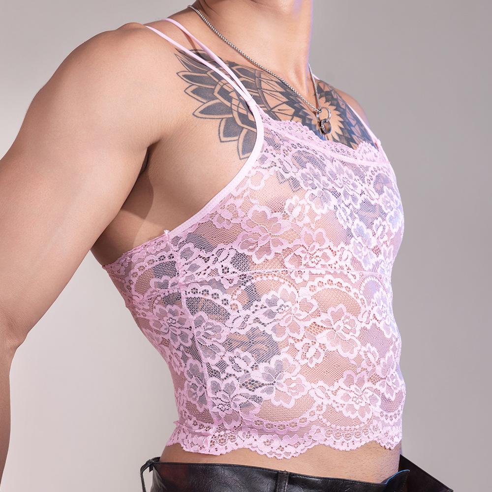 Canotta da uomo in pizzo floreale Rete trasparente Elastica Trasparente Gilet Biancheria intima da notte Erotica Imbracatura sessuale Corpo muscoloso Petto