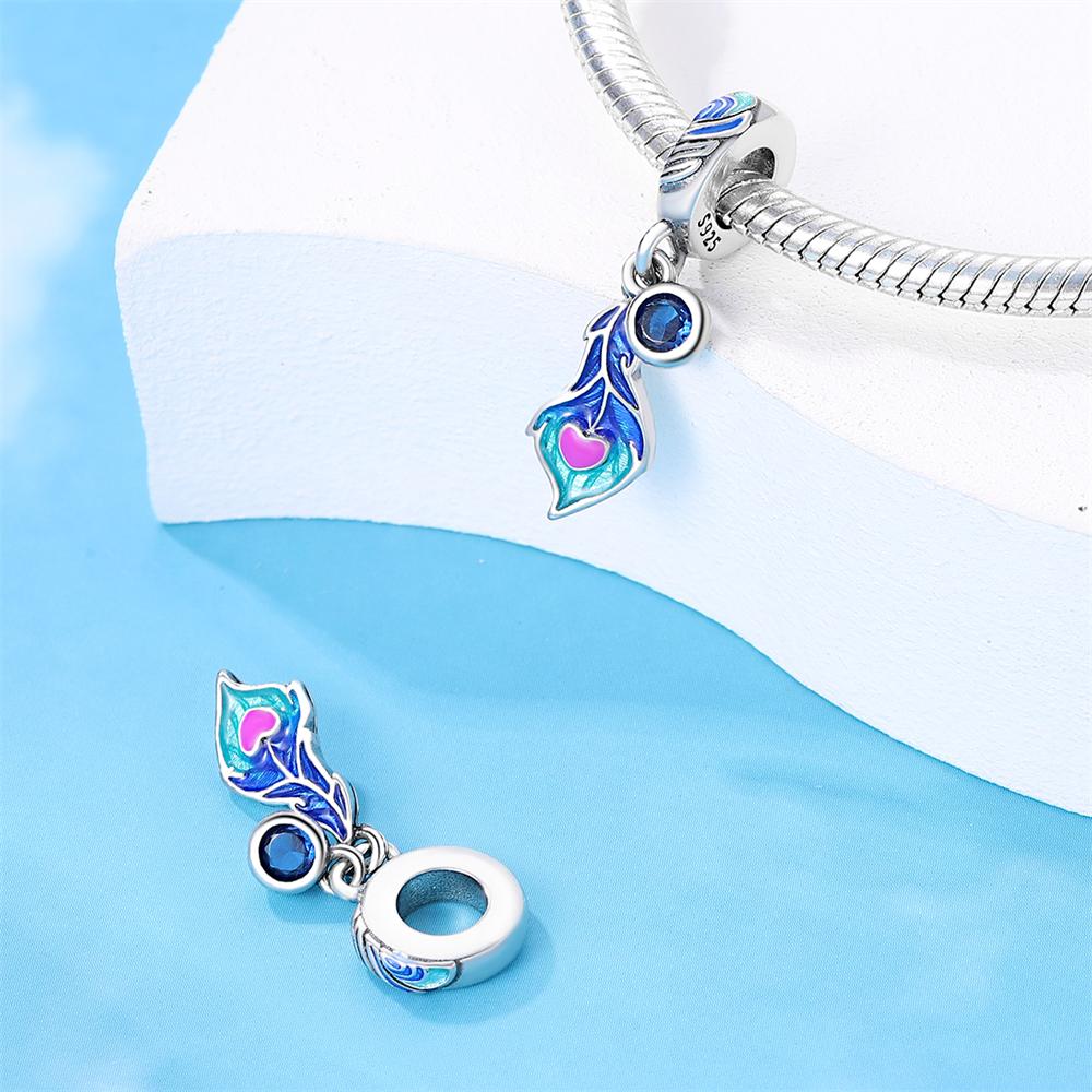 Original Charms  Copper Blue Feather Beads Fit Charms Plata  Bracelets For Women Women Jewelry Making Diy