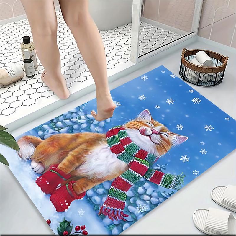 Winter Cat Snowscape Carpet Rug Soft Washable Anti Slip Home Living Room Sofa Mats Personalized Christmas Rug