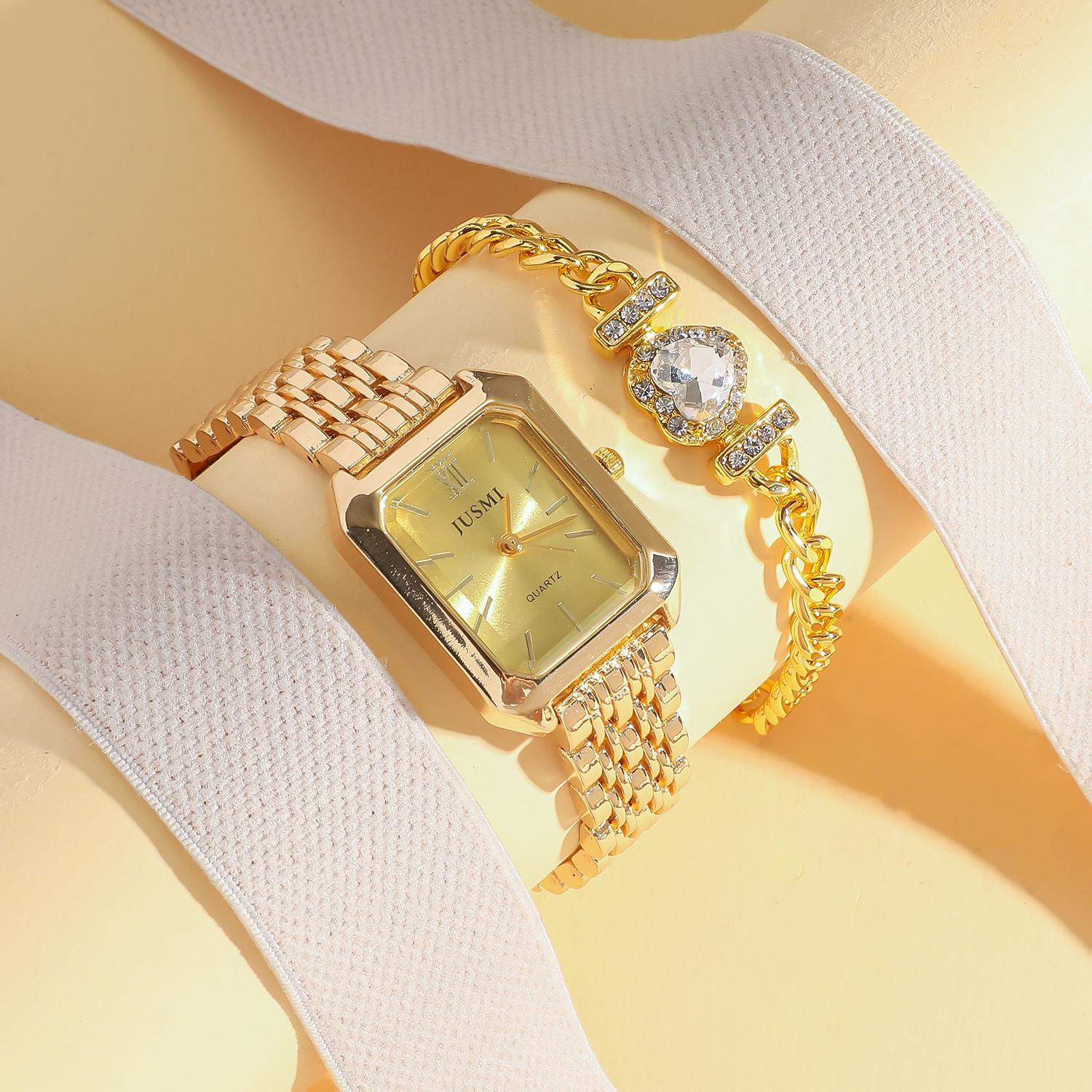 

Подарочная коробка бесплатная модная легкая роскошь квадратные женские кварцевые часы универсальный кварцевый ремешок браслет набор из 2 предметов золотой