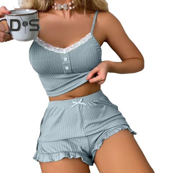 

Женский сексуальный пижамный комплект из 2 предметов, ребристый кружевной топ на пуговицах, шорты с оборками по низу, комплект одежды для сна, летняя повседневная домашняя одежда S синий