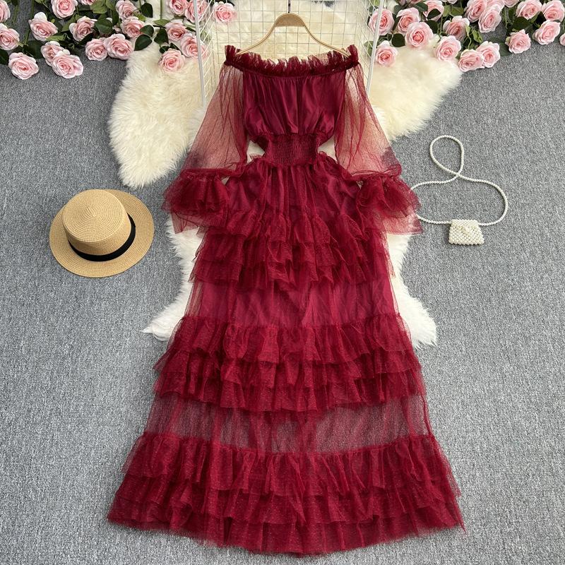 YYFS Dámská móda Jaro Podzim Jednobarevný potisk Neformální šaty s dlouhým rukávem na jedno rameno s vysokým pasem