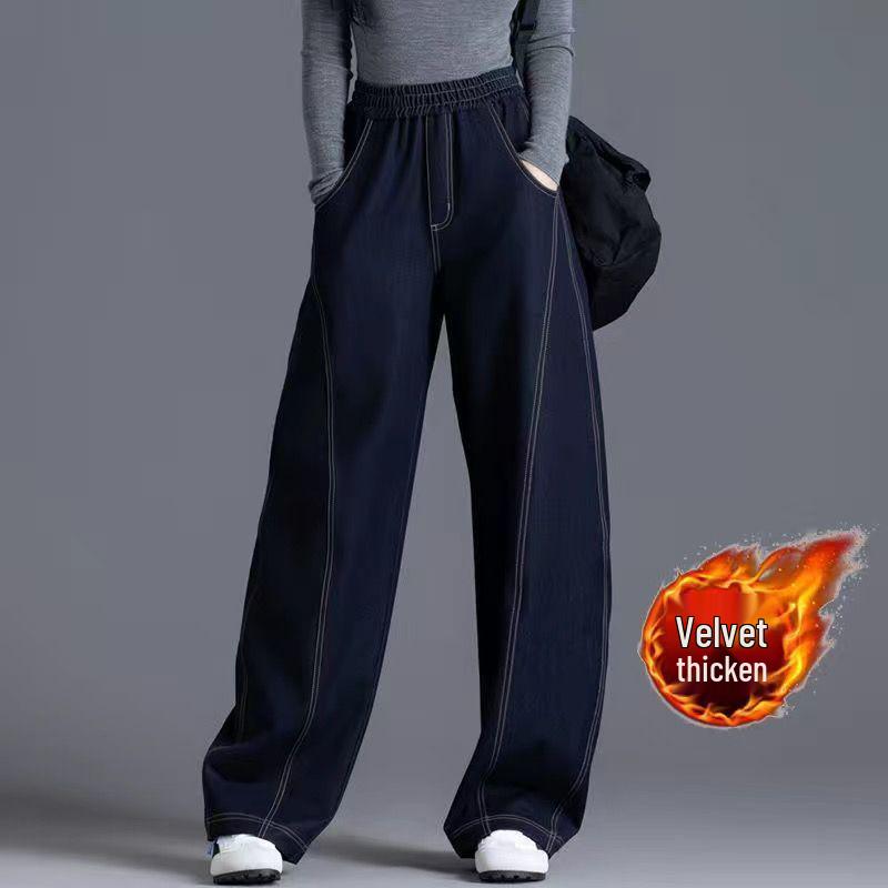 Velvet Elastic Waist Lambswool Jeans: Loose Winter High Waist, Stretch, Plus Size, Thickened Straight-Leg Pants (75-200)