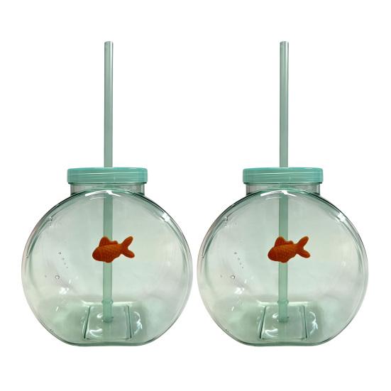 Fish Bowl Bottle with Straw, Plastic Fishbowl Tumblers with Lids, Unbreakable Ornament Cups for Drinks Summer Drink, Fashioned Table Goldfish Bowl