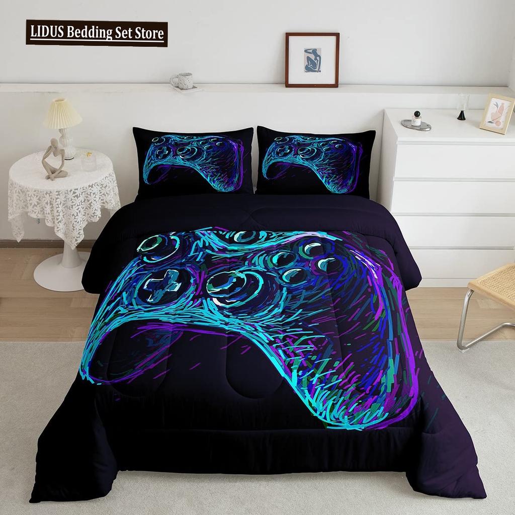 Gamer Duvet Cover Set Rotating Music Comforter Cover Gamepad Gaming Bedding Set For Boys Headphone Bedspreads Cover Queen Size