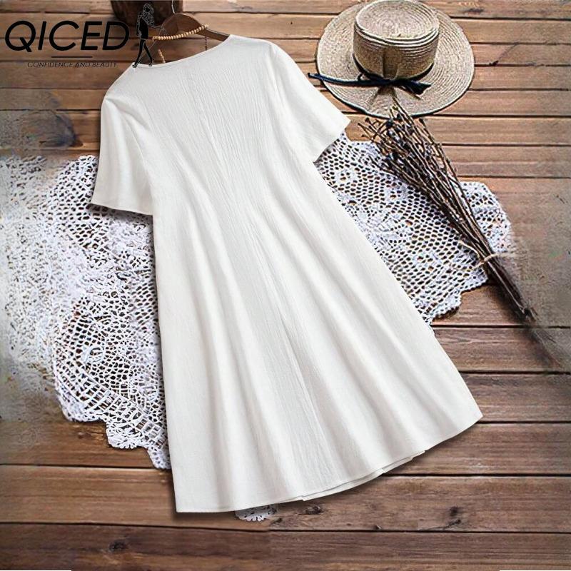 QICED Женская мода лето весна однотонный принт О-образный вырез высокая талия повседневные платья