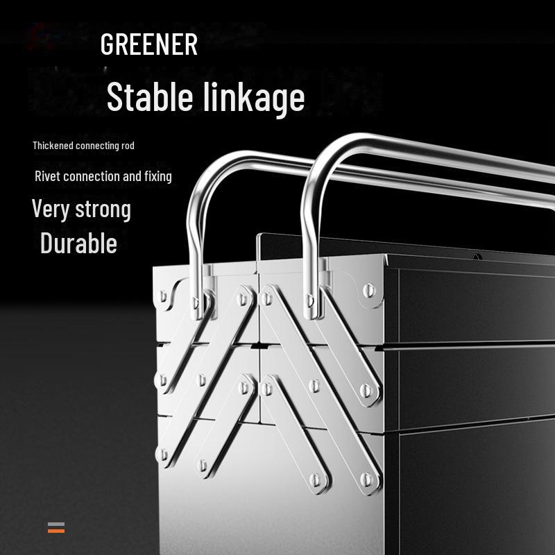 Forest Green Stainless Steel Three-Layer Folding Tool Box - Large, Portable, Industrial-grade Storage for Home and Car.