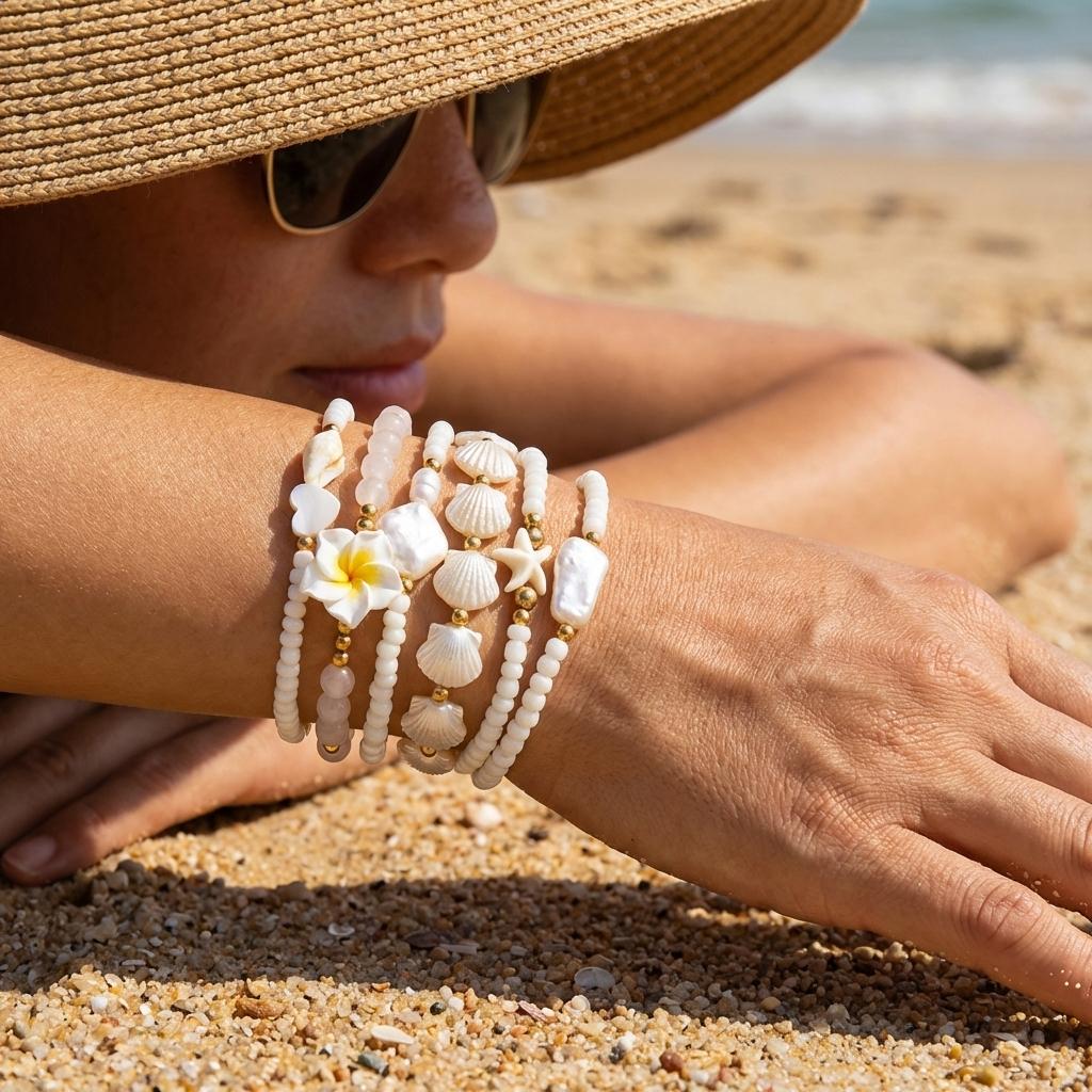 Elegant Shell Flower Imitation Pearl Chain Bracelet Set for Women Stackable Plumeria Floral Beads Bracelet Party Jewelry Gift
