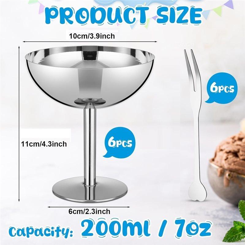 J1UL1N Bulk 6 Sets Stainless Steel Ice Cream Cups Dessert Bowls With Forks Silver Small Metal Footed Cup For Party Supplies 6.7