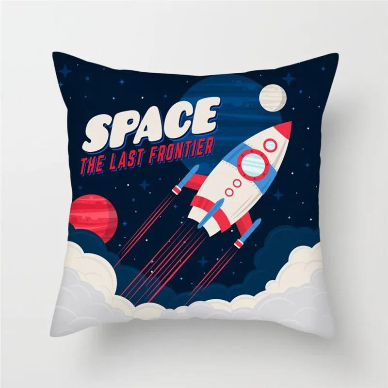 Cartoon Astronaut & Rakete Raumschiff Kissenbezug Deko Weltraum-Thema Kissenhülle für Sofa Schlafzimmer, Galaxie-Druck Kissenbezug