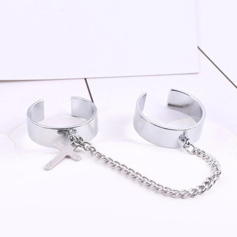 Women Chain Cross Open Circle Ring For Man Street Jewelry Two-Finger Ring Set