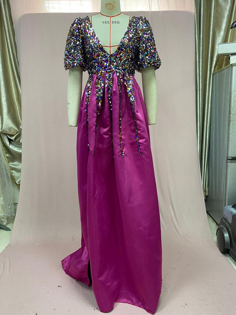 2025 Spring European & American Women's Floral Sequined V-neck Evening Gown
