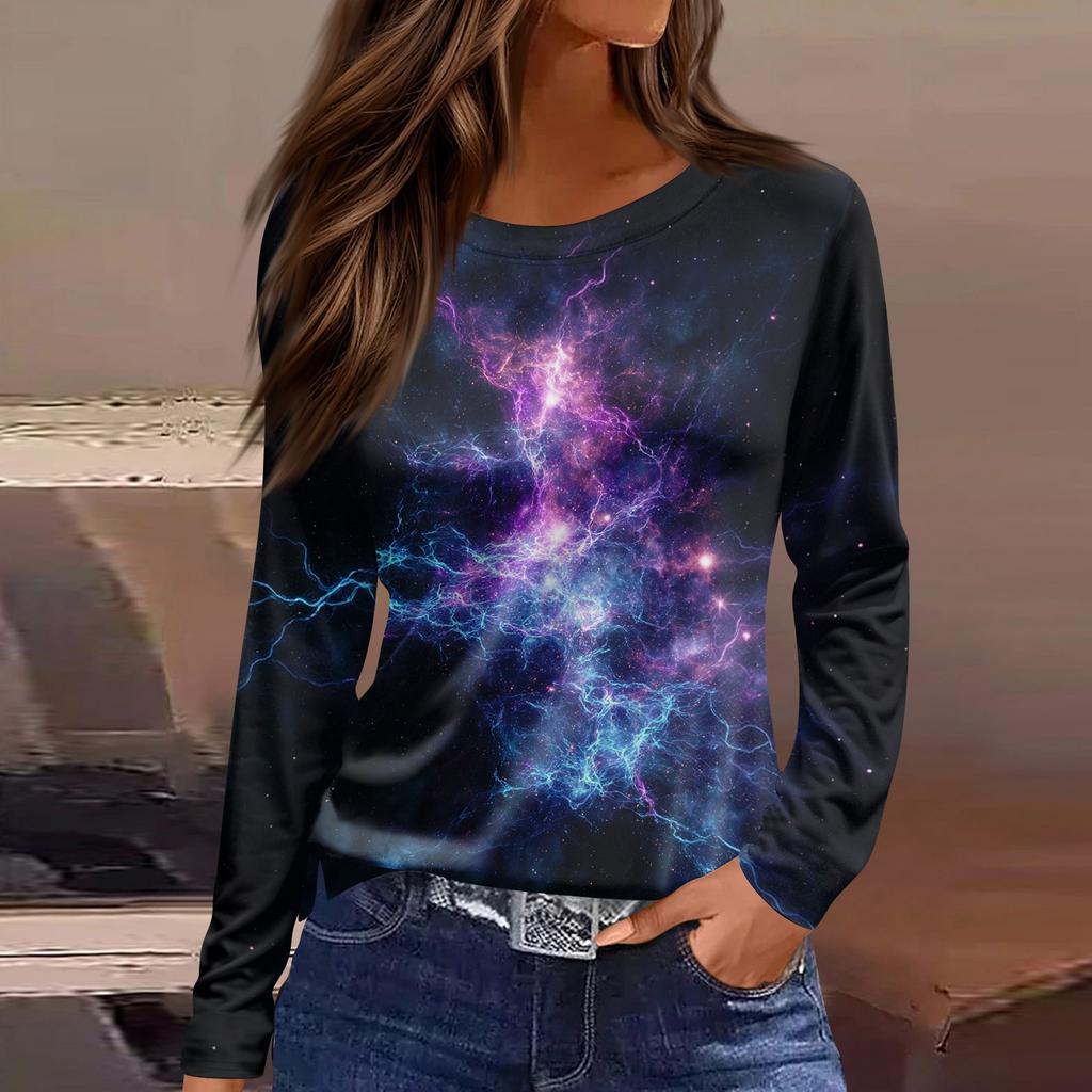 Women's Fashion Casual Slit Hem Round Neck Long Sleeve Loose Printed T,Shirt Ladies Top