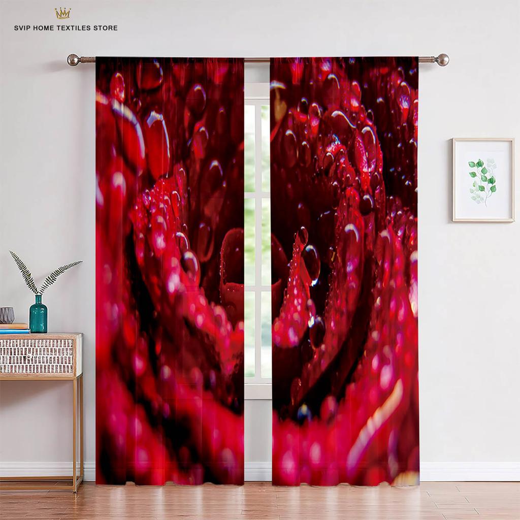 Red Rose Retro Romantic Print Curtains, Living Room, Bedroom, Kitchen, Window Decoration, Home Decoration, 2 Pcs
