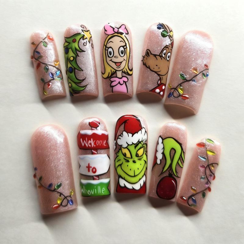 

24-Piece Christmas Green Monster Cat Eye Nail Tips - Medium, High-Grade, Wearable Nail Art for Festive Cheer