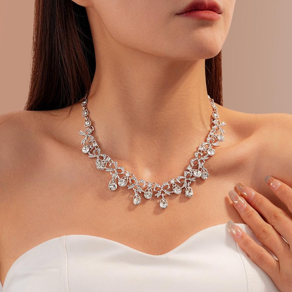 2 pieces Inlaid Necklace Earrings Set Bow Crystal Necklace Set Rhinestone Jewelry Set  Women