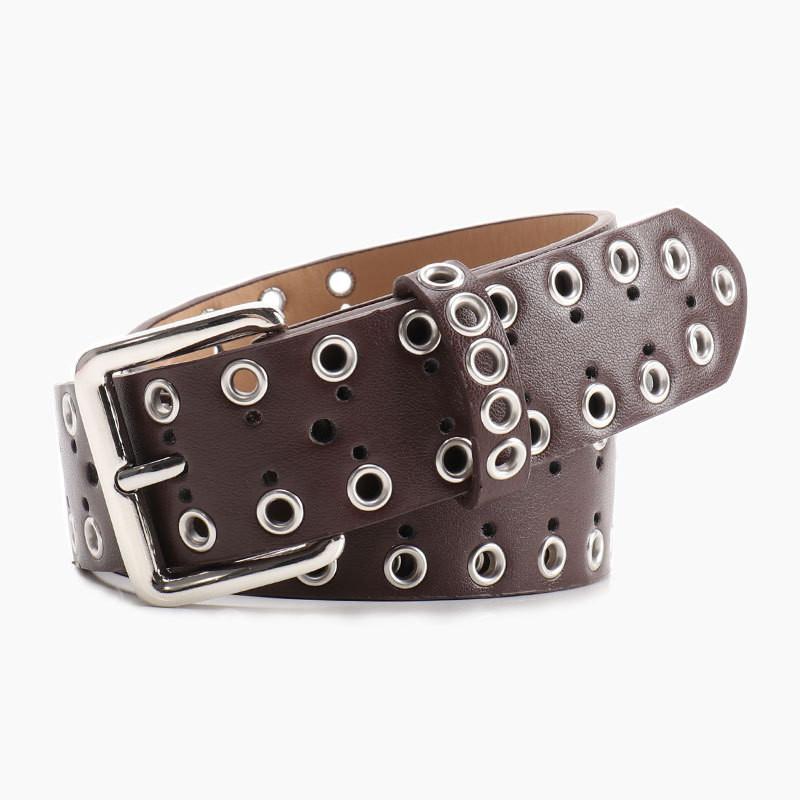 Hollowed Metal Women Leather Belt With Solid Color And Alloy Buckle Fashion