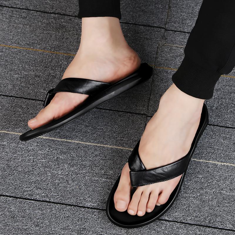 Fashion Genuine Leather Mens Flip Flops New Summer Slippers Men Non-Slip Flats Outside Breathable Half Drag Cool Slippers Man Sandals