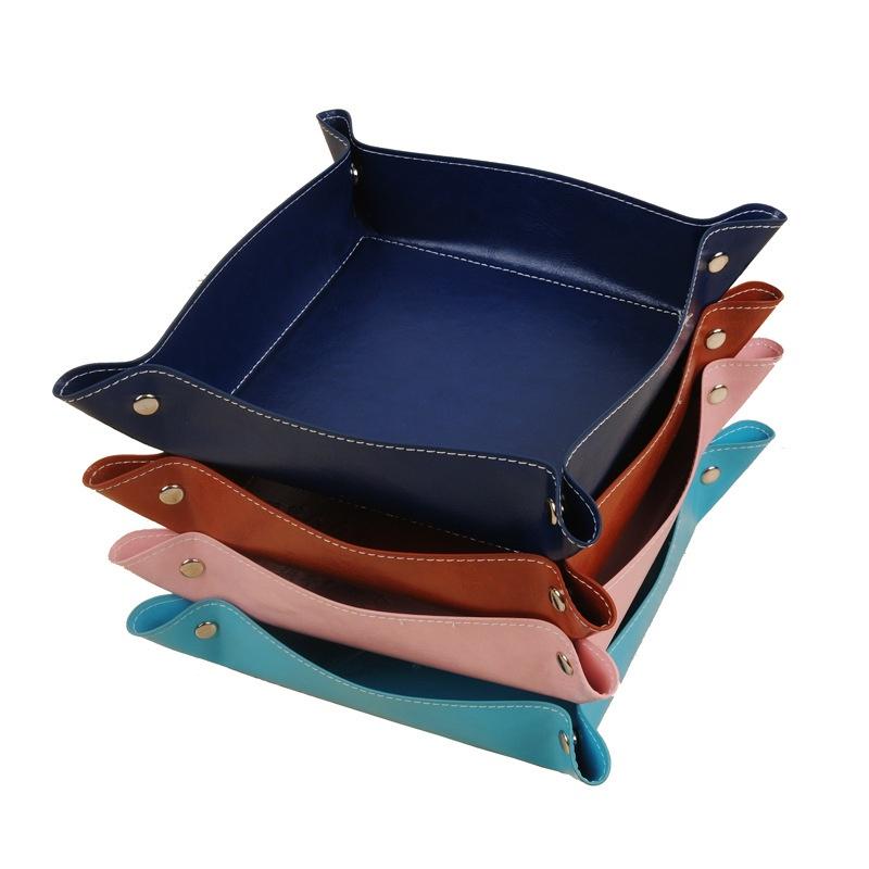 4PCS Creative Office Desk Storage Tray PU Folding Imitation Leather Tray Sundries Key Snack Decorati