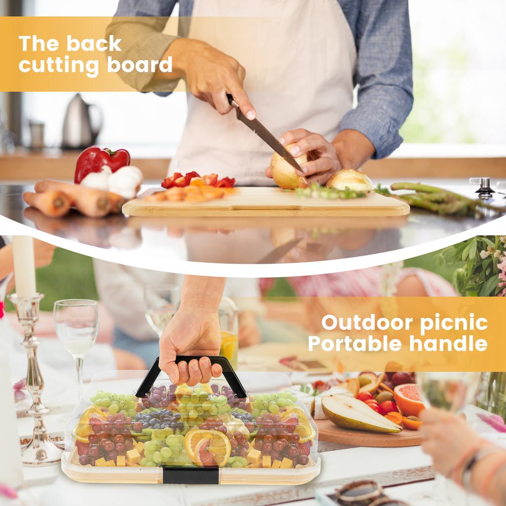 5/6 Grids Wooden Charcuterie Board with Clear Lid Portable Cheese Board Box with handle Snack Fruit Tray Outdoor Ccamping pinnic