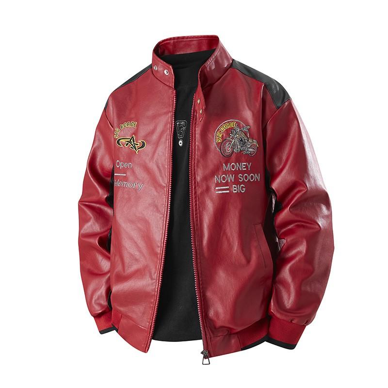 Mens Oversized Embroidered Biker Jacket Hooded Loose Fit Faux Leather Streetwear Coat Size M-8XL