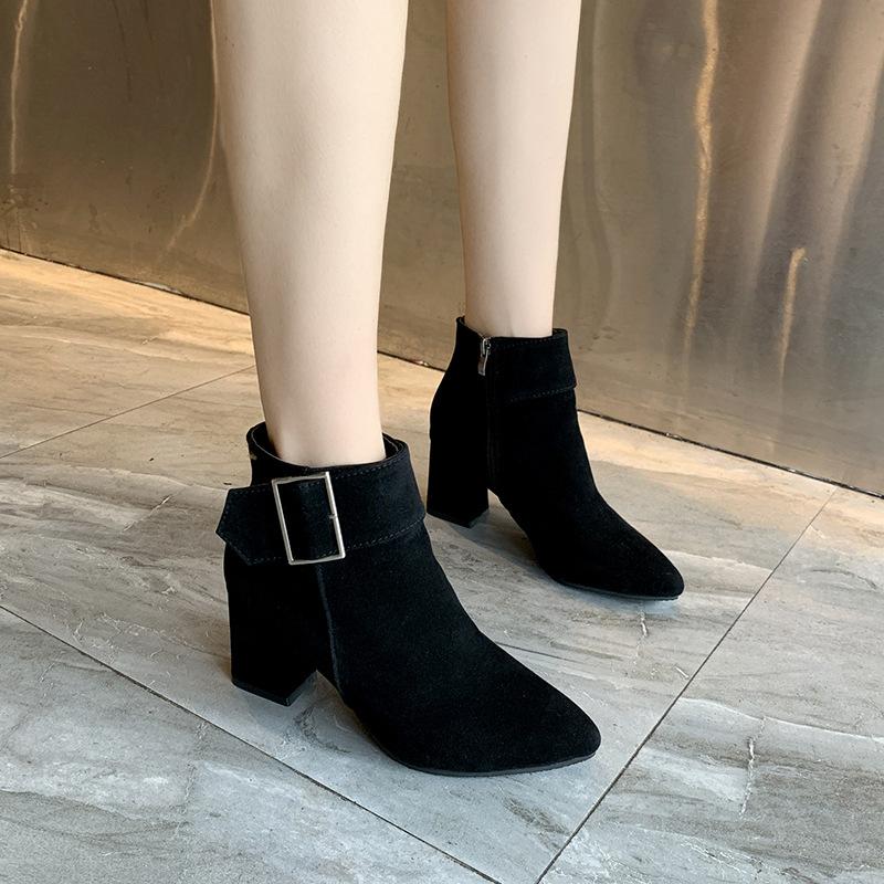 Suede Thick Heel Martin Boots Women's Shoes Foreign Trade Large Size British Style Pointed Belt Buckle Korean Version Thick Heel Short Boots