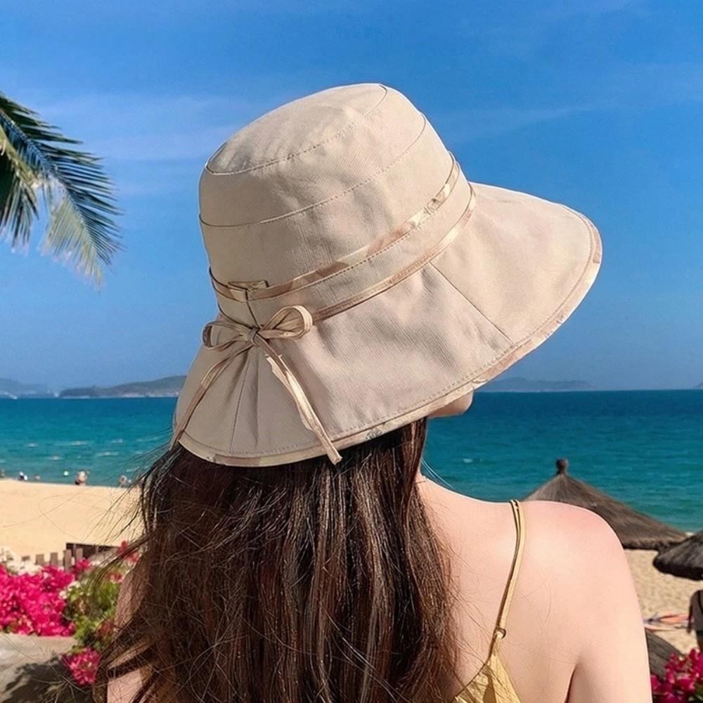 Bowknot Decor Fisherman Hat Lace-up Design Sunshade Hat New Girls Basin Caps  Beach Activities