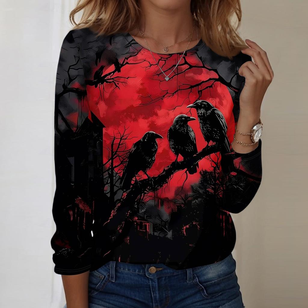 Women's Fashion Casual Long Sleeve Halloween Print Neck T-Shirt for Daily Wear