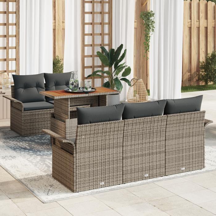 VidaXL Ensemble de canapé de jardin 6 pièces avec coussins gris en poly rattan et acacia 3349271