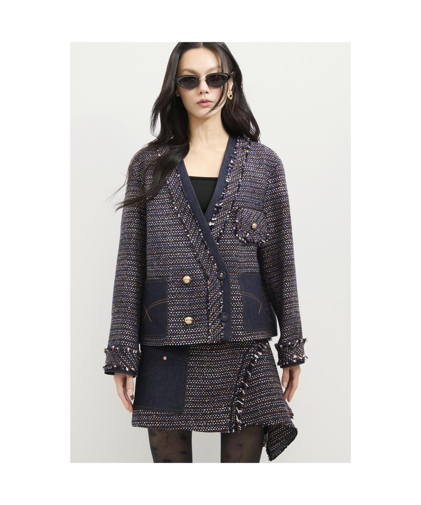 LUCKY CHOUETTE Denim Patch Tweed Midi Skirt (Dark Navy) Lfkas25140Nyd