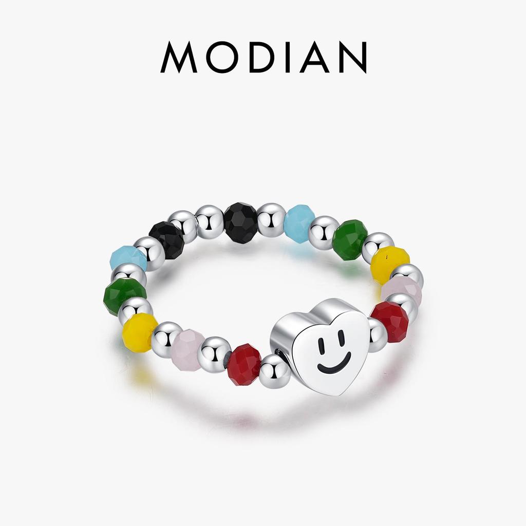 MODIAN 925 Sterling Silver Rainbow Colorful Hearts Smile Romantic Ring Crystal Beads Adjustable Rings For Women Party Jewelry