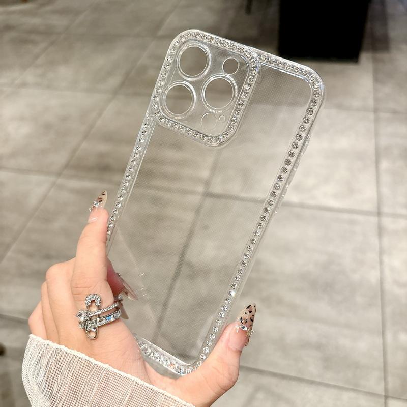 Diamond Frame Clear Slim Case Shell For iPhone 16 Pro Max 15 Pro 14 13 12 11 Soft TPU Shockproof Lens Protection Transparent Cover