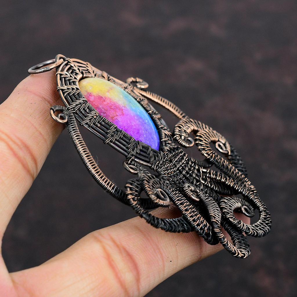 Rainbow Solar Quartz Druzy Pendant Copper Wire Wrapped Pendant Handmade Copper Jewelry Amazing Octopus Pendant Gemstone Jewelry Gift For Mom