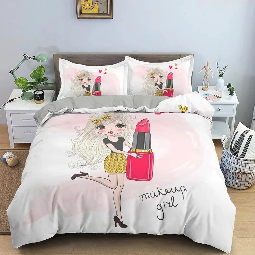 Makeup Gril Bedding Set Fastion Cartoon Duvet Cover Bedroom Comforter Covers Twin King Size Quilt Cover Home Textile