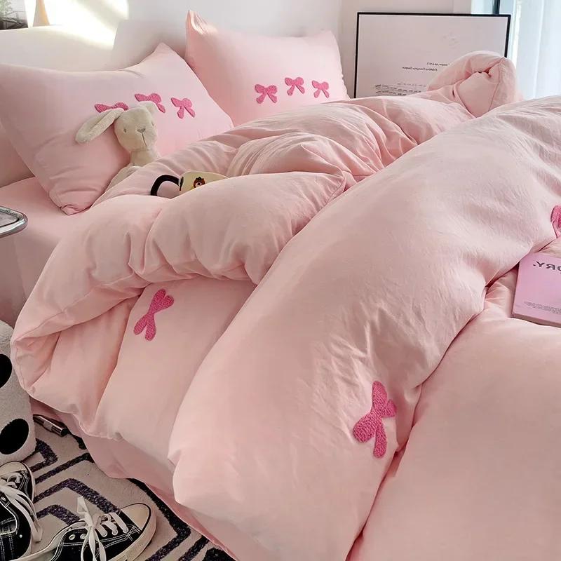 Růžový 3D vyšívaný set přikrývky s mašlí, Bavlněné růžové pohodlné měkké ložní prádlo, Vhodné pro ložní prádlo do pokoje pro dívky, děti a teenagery