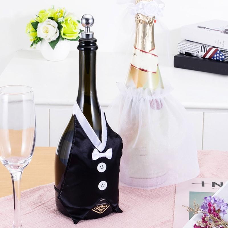 Funda para Botella de Vino de Boda Vestido Novia Novio Envolturas Decoraciones para Copas de Vino Brindis Fiesta Regalo Adorno