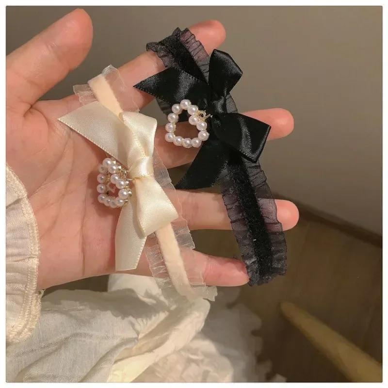 Black White Lace Necklace Vintage Ribbon Bow Gothic Heart Pendant Collar for Women Girls Sweet Lolita Jewelry 2024 New Choker