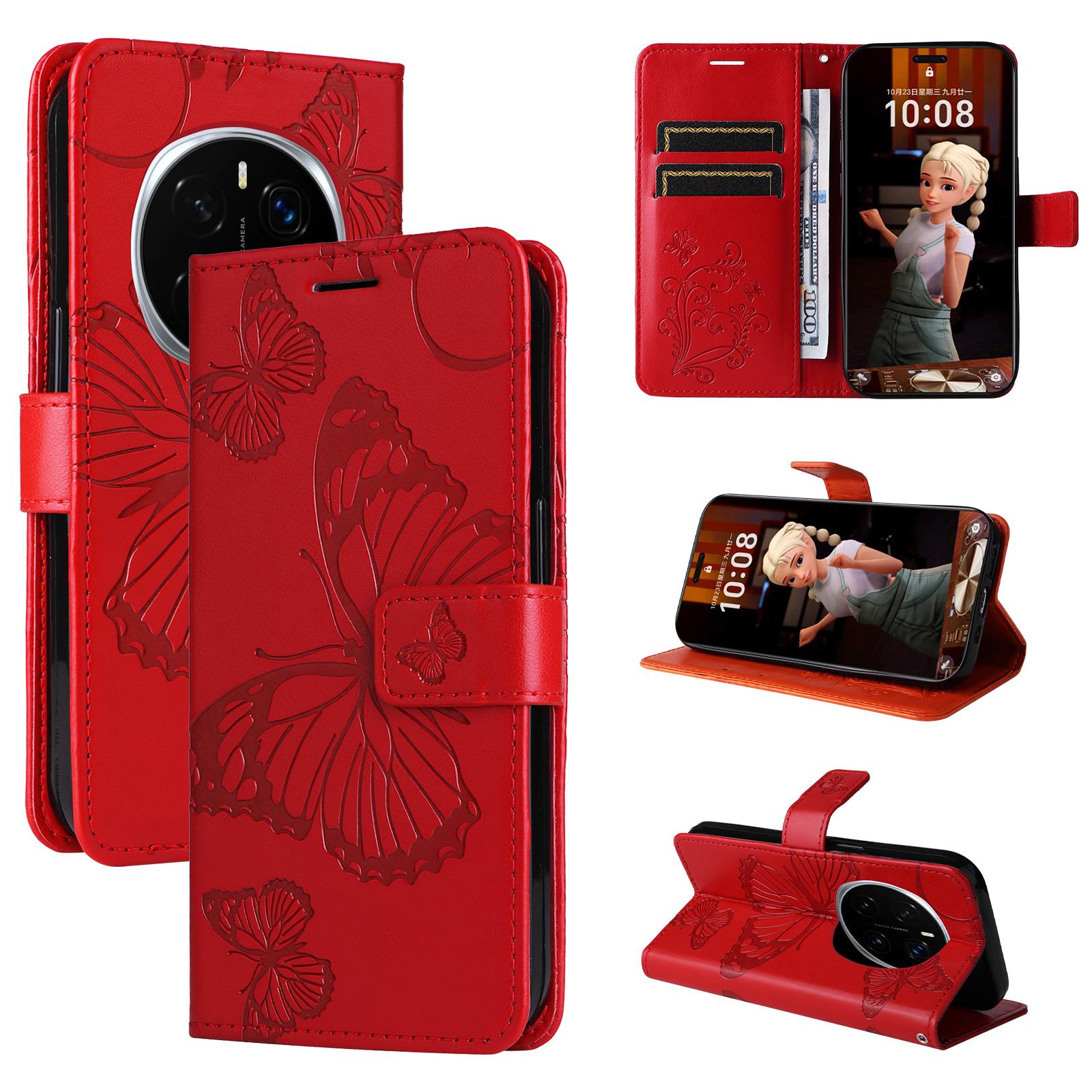 

For Honor Magic7 Pro 5G Wallet Case Floral Butterfly Imprinted Leather Phone Cover Stand Red