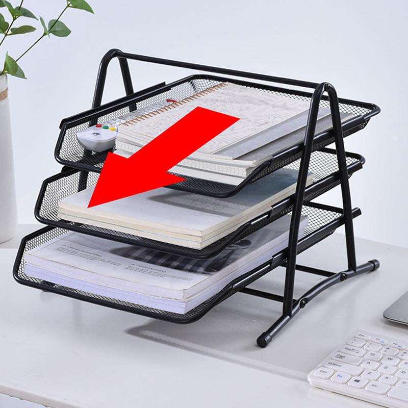Organizator Tăvi pentru Documente cu Trei Nivele, Suport Metalic de Birou pentru Depozitare și Gestionare, Raft Multifuncțional din Plasă pentru Documente
