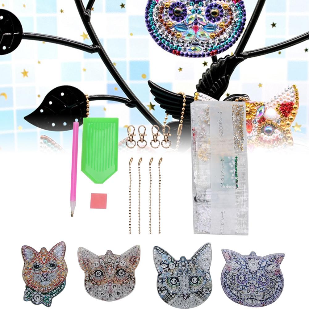Handmade Cute DIY Full Rhinestones Painting Keychain Key Ring Decoration Pendant Ornament(Cat Head )