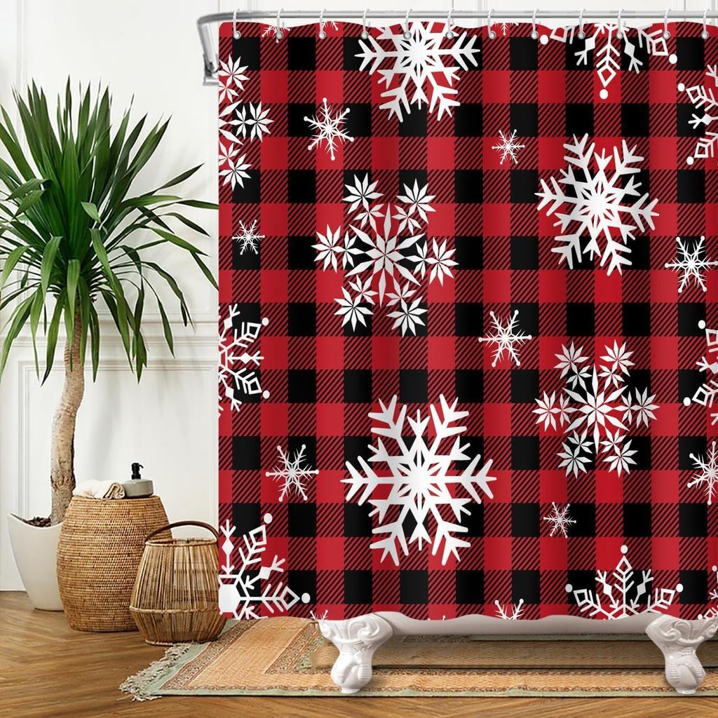 Red Black Buffalo Plaid Snowflake Shower Curtain, Abstract Winter Holiday Bathroom Decor with Retro Rustic Christmas Theme