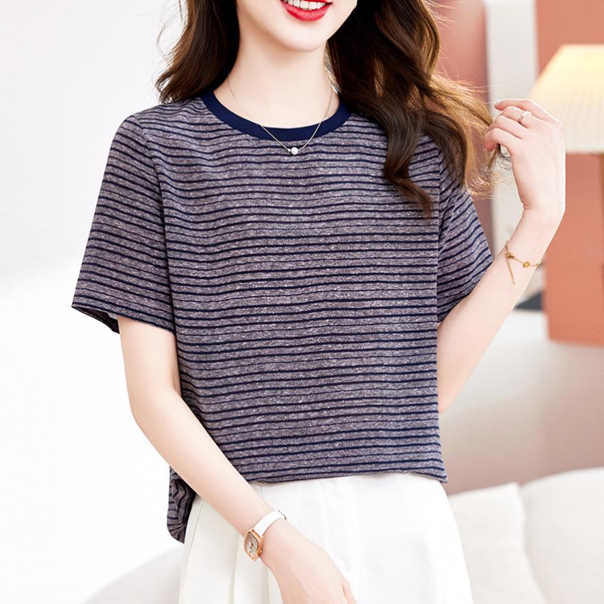 

Новая Мода Повседневный Топ из Шелка с Коротким Рукавом Женственный Темперамент Облегающий Дизайн Полосатая Футболка из Шелка Тутового Дерева 2XL