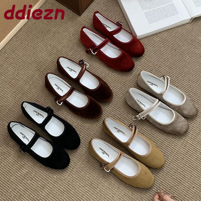 Fashion Soft Fashion Flock Women Flats Mary Janes Lolita Shoes Round Toe Female Buckle Strap Footwear Shallow Ladies Ballet Flats Shoes