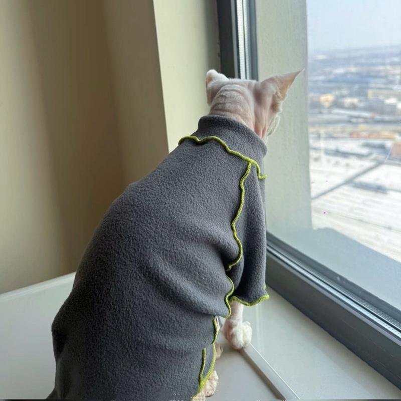 Grey Fleece Long Sleeves Coat for Sphinx Cat In Winter Spring Soft Stain-resistant Coat for Hairless Cat Loungewear for Kittens