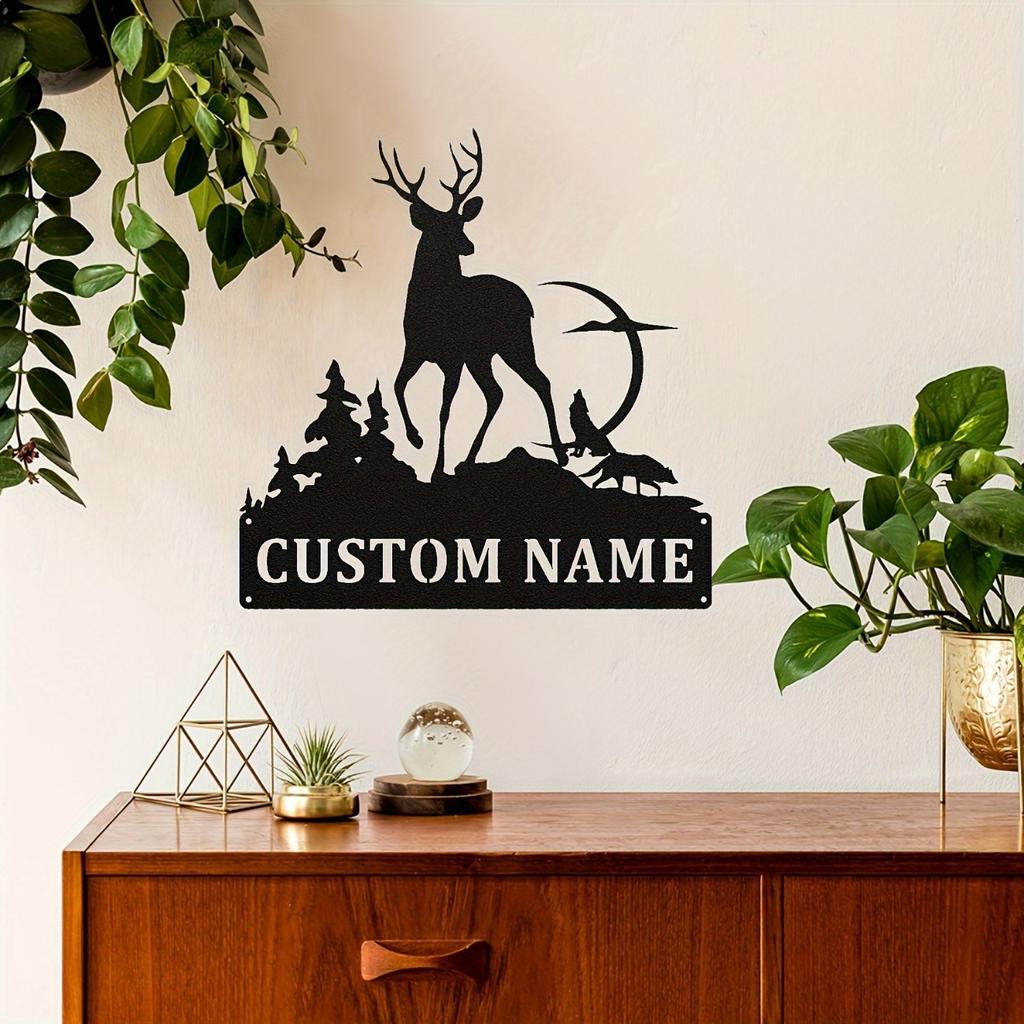 Customizable Deer Silhouette Metal Wall Art, Personalized Family Name Sign for Home Decor Indoor Outdoor