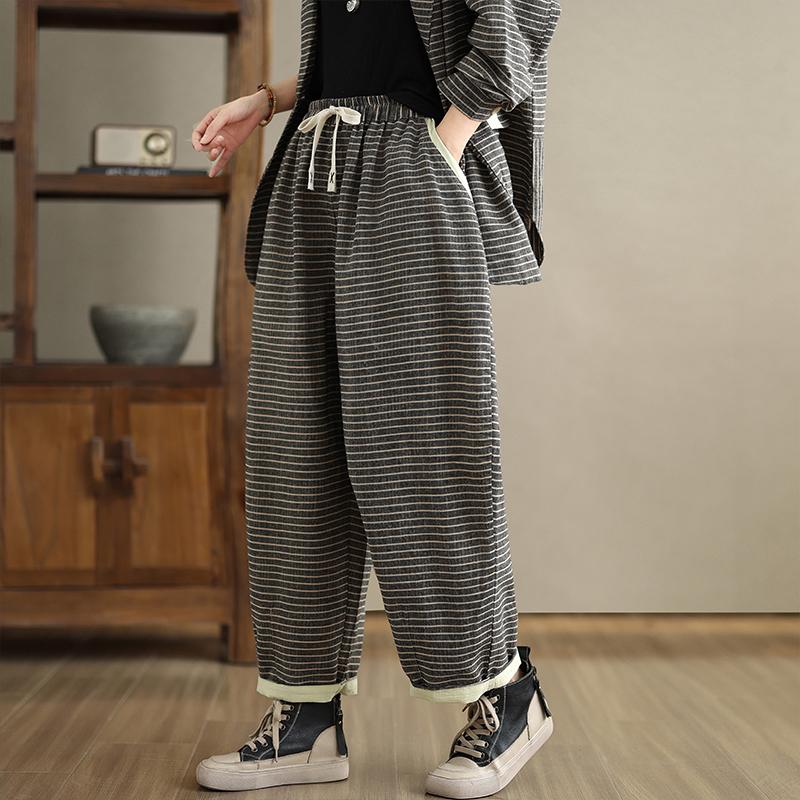 DIMANAF Plus Size 2025 Spring Pants Suits Women Stripe Sets Suits Loose Blouse Shirts Long Pants Clothing