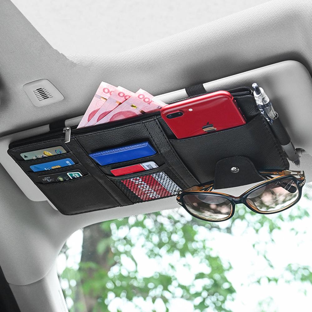 Car Leather Sun Visor Organizer Interior Pocket Pen Glasses Bag Storage Holder