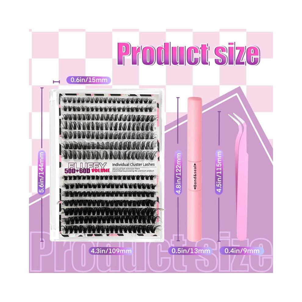 Fluffy Individual Lashes Kit D Curl Cluster Lashes DIY Eyelash Extension Kit 280pcs Thick Volume 60D+80D Lash Clusters Eyelash Extension with Lash