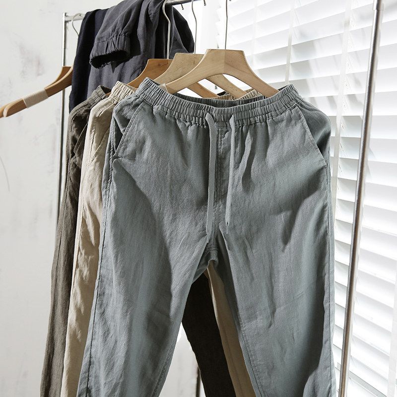 100! Natural Pure Linen! Export Original Tail Single Cut Label Goods Spring and Summer Men Loose Drawstring Casual Pants Linen Pant