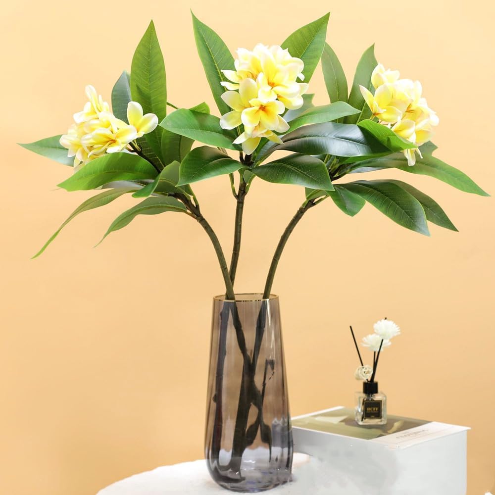 XIYUAN 35.5 Inch Artificial Flowers Artificial Frangipani Flower 2 Stems Lifelike Real Touch Artificial Plumeria Flowers for Home Party Wedding